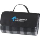 Folded plaid blanket with black cover and Continental Insurance logo.