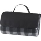 Folded picnic blanket with a black handle and black-and-white plaid pattern.
