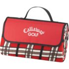 Red and plaid Callaway Golf blanket with a handle, folded and ready for carrying.