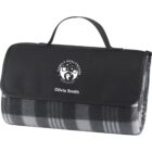 Black checkered blanket with a handle and a logo on the front flap.