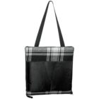Black and white plaid bag with black shoulder straps and front pocket.