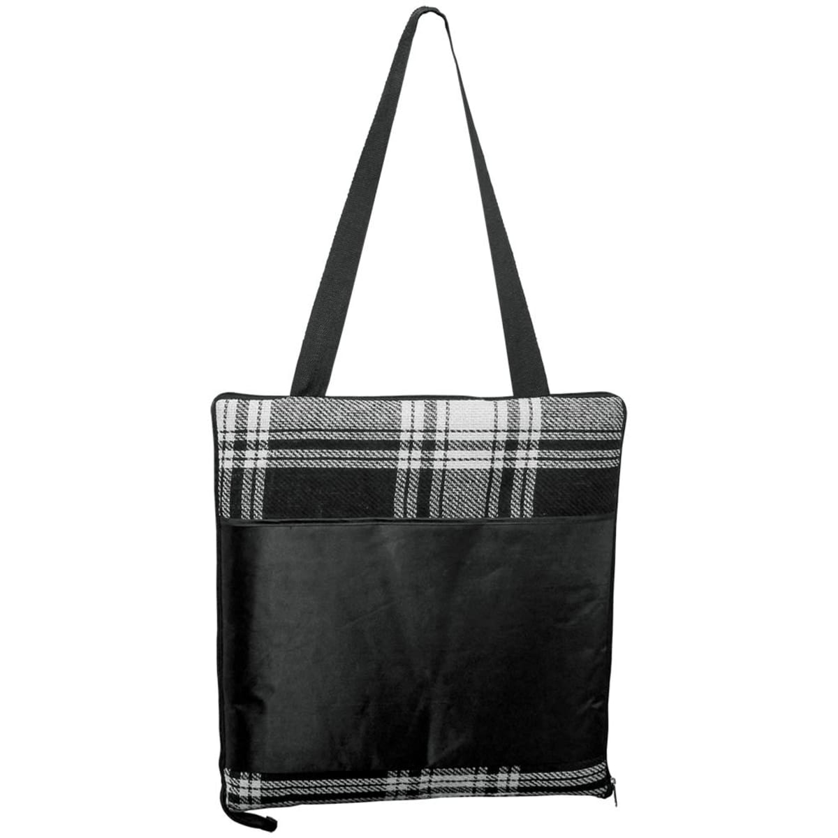 Black and white plaid bag with black shoulder straps and front pocket.