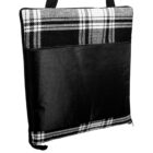 Black and white plaid tote bag with a large, plain black pocket.