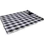 A black and white plaid picnic blanket spread out on a flat surface.