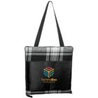 Folded black and plaid blanket with TechnoBox logo and strap.