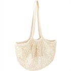 Beige mesh tote bag with long handles, hanging against a white background.