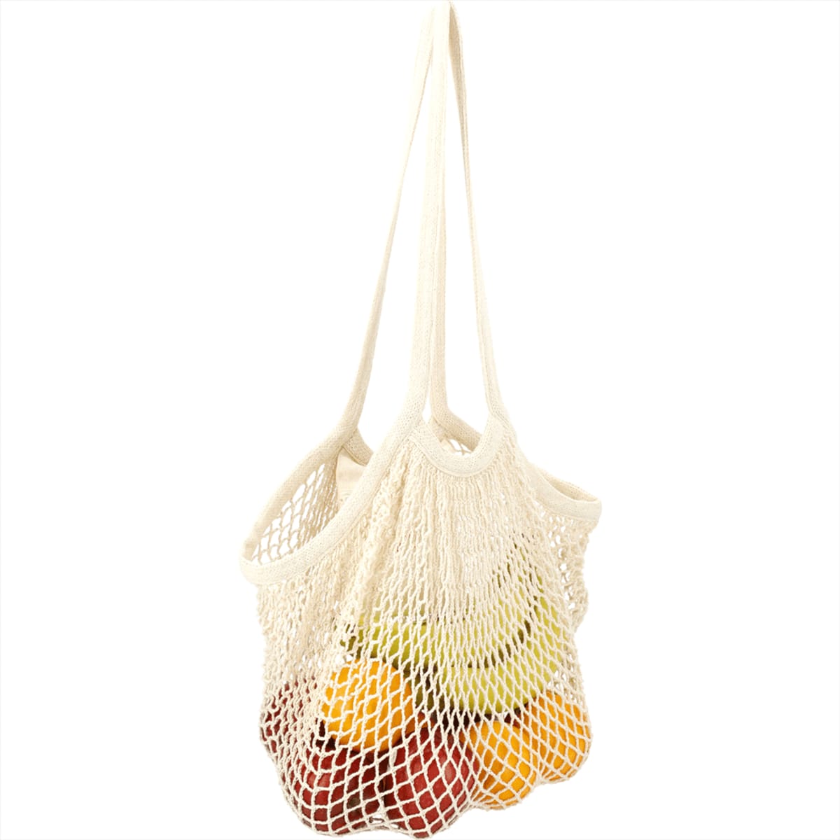 Mesh bag containing assorted fruits, including oranges and apples.