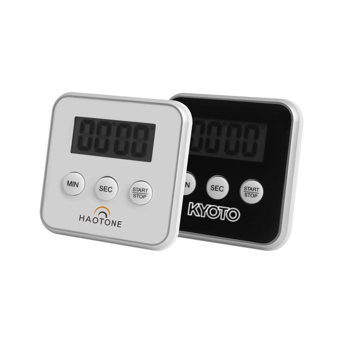 Two digital timers, one white and one black, each with buttons for minute, second, start/stop.