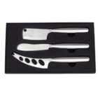Set of three stainless steel cheese knives with varying blade designs in a black box.