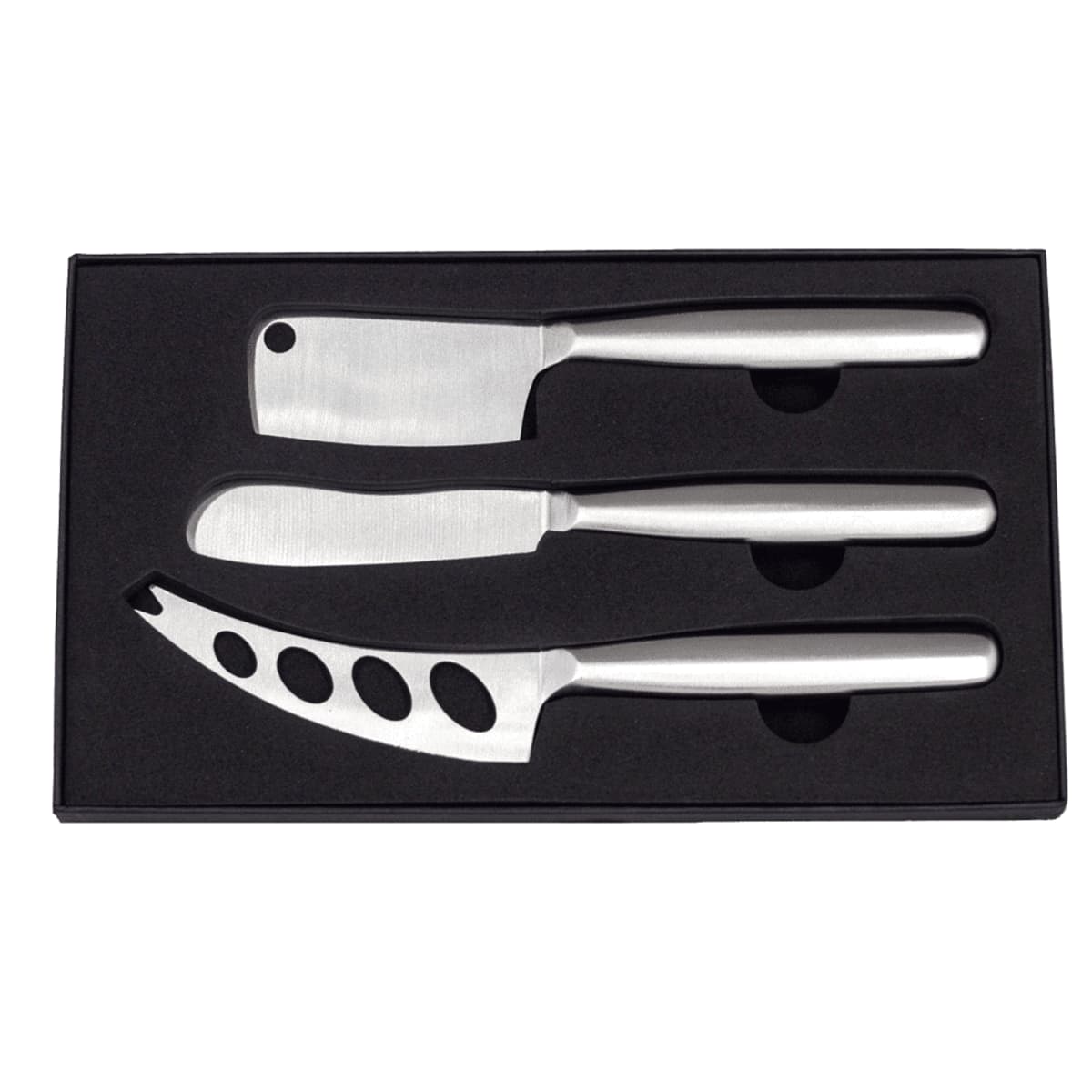 Set of three stainless steel cheese knives with varying blade designs in a black box.