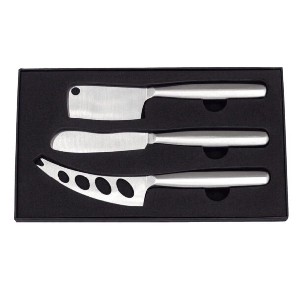Set of three stainless steel cheese knives in a black box.