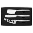 Three stainless steel cheese knives in a black box.