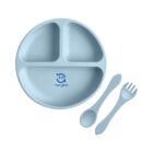 Blue divided plate with matching spoon and fork, designed for kids.