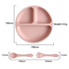 Pink divided plate, spoon, and fork with measurements and weight in millimeters and grams.