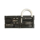 Compact black tool kit with various tools and bits organized neatly inside.