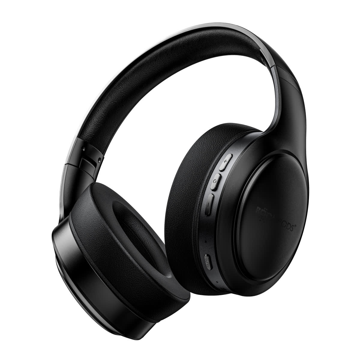 Black over-ear wireless headphones with buttons on the side.