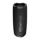 Black cylindrical Boompods speaker with textured surface and logo.