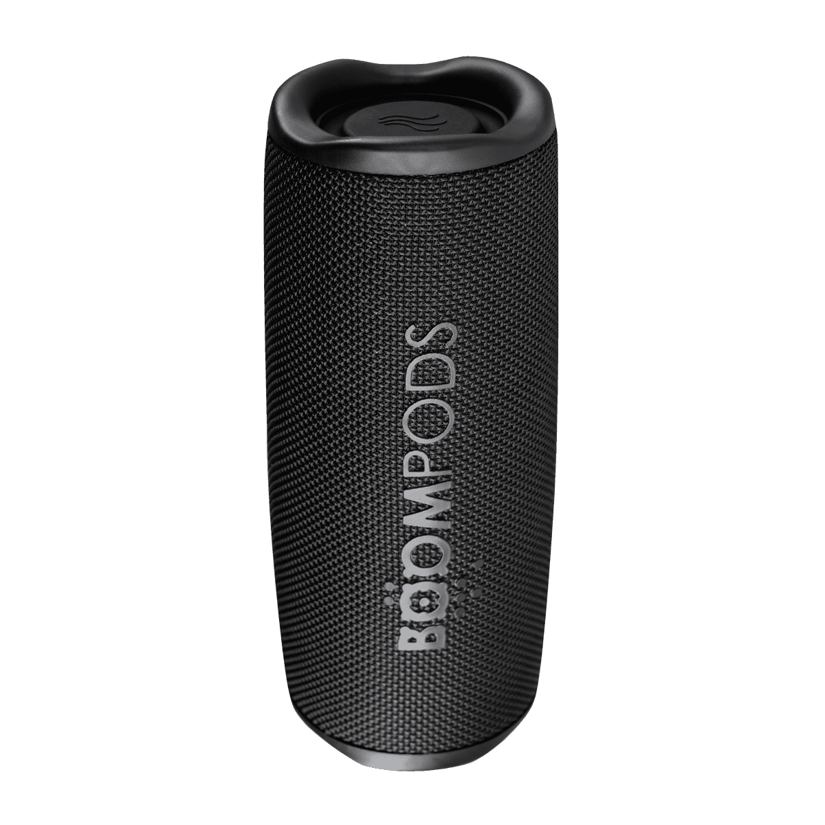 Black cylindrical Boompods speaker with textured surface and logo.