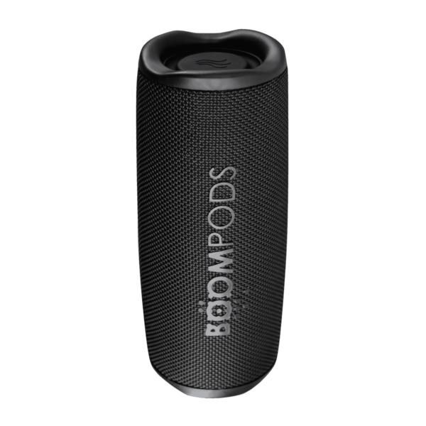 Black cylindrical Boompods speaker with textured surface, viewed from an angle.