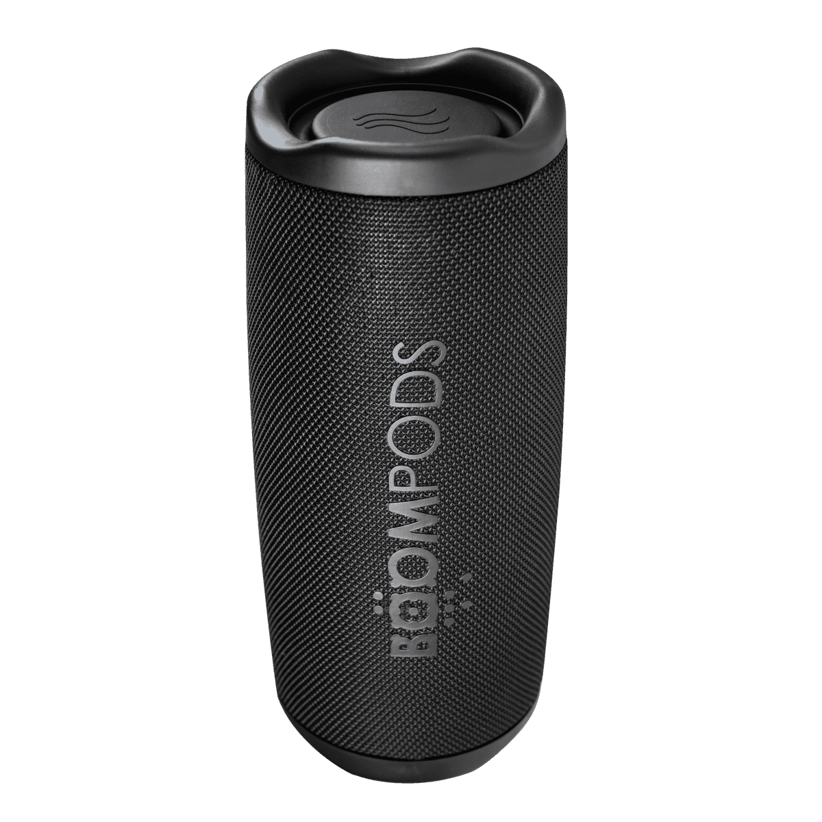 Black portable speaker with a textured surface and BoomPods logo on the side.