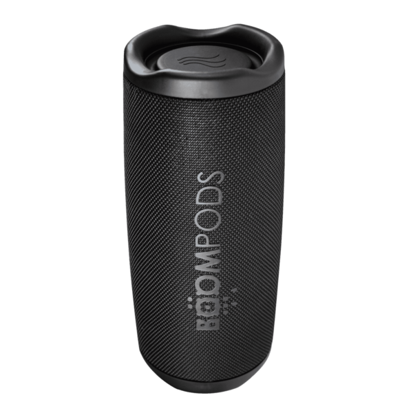 Black cylindrical Bluetooth speaker with textured surface and PODSWOW logo.