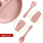 Pink baby plate, fork, spoon, and spatula set with Extra Cost label on bottom left.