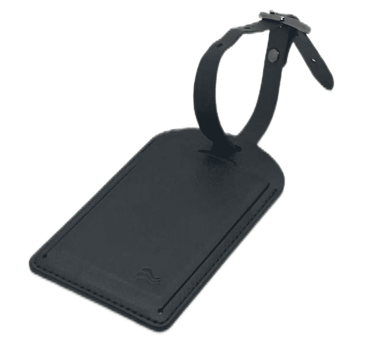 Black leather luggage tag with buckle strap for attachment.