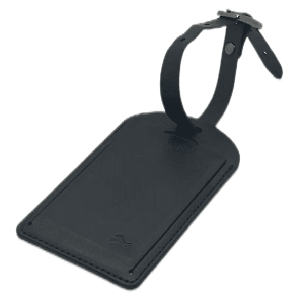 Black leather luggage tag with a buckle strap.