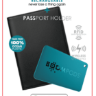 Boom Card passport holder ad, RFID protection, ocean plastic, Apple Find My compatible.