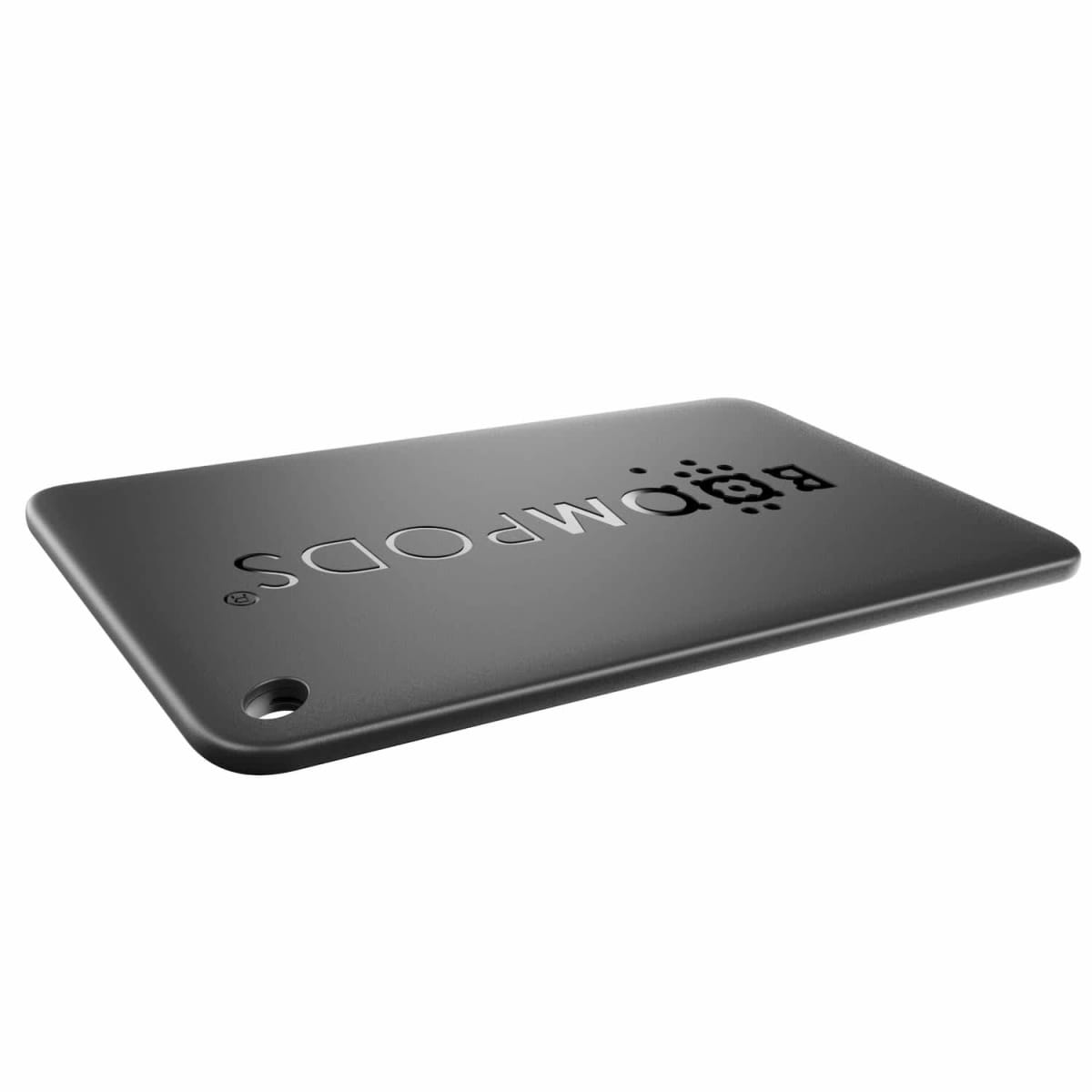 A thin, rectangular black key tag with BOOMPODS and a small hole in one corner.