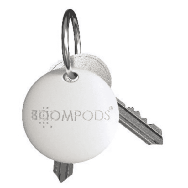 White keychain with BOOMPODS logo, holding two silver keys.
