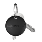 Black keychain with BOOMPODS text, attached to two silver keys.
