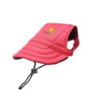 Red pet cap with chin strap and embroidered logo.