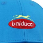 Blue cap with balducci logo embroidered in yellow and red.