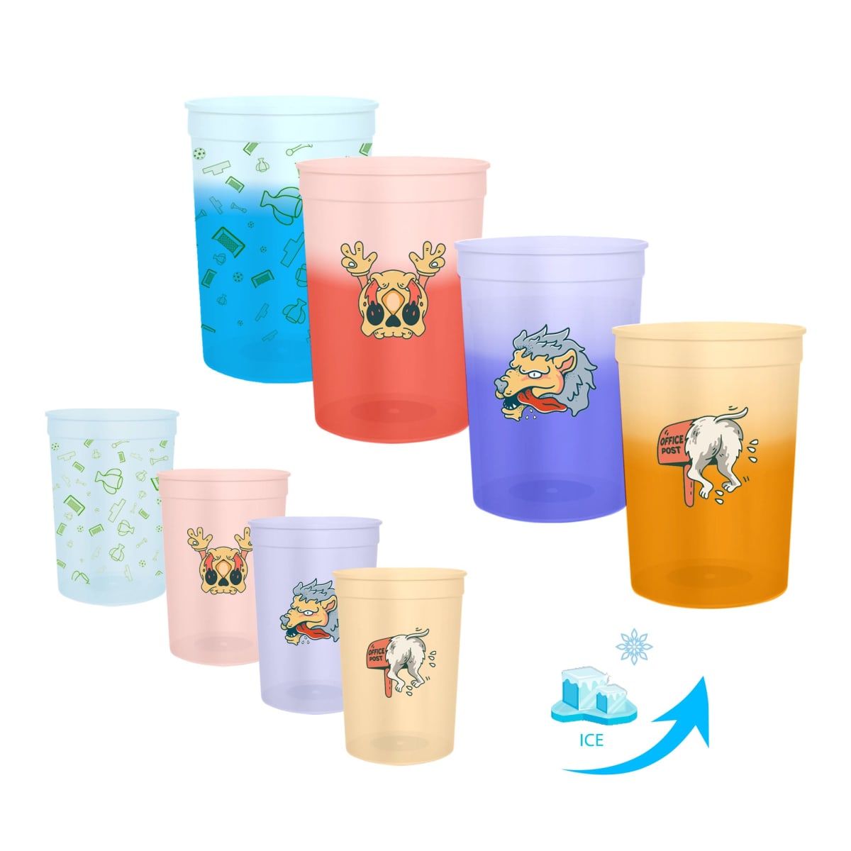 Color-changing cups with animal designs change from light to darker hues when exposed to ice.