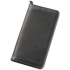 Black leather wallet with a zipper closure on the top edge.