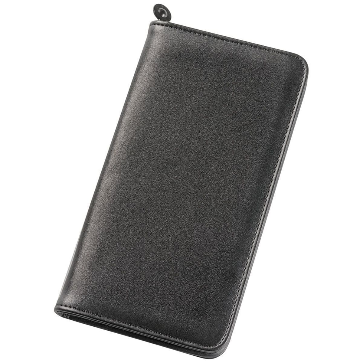 Black leather wallet with a zipper closure on the top edge.