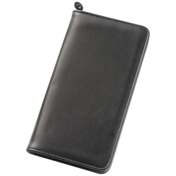 Black leather wallet, closed and positioned at an angle on a white background.