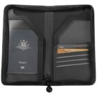 Black zippered passport holder with various slots for cards and a visible Australian passport.
