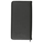 Black zippered wallet standing upright against a white background.
