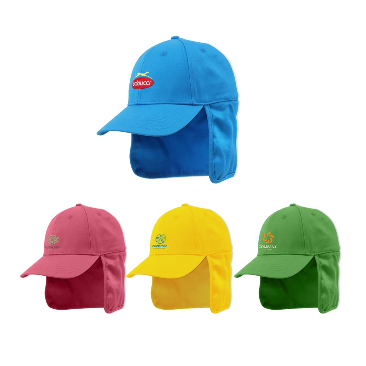 Five colorful baseball caps with neck flaps, featuring various logos.