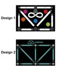 Two black soccer drill boards labeled Design 1 and Design 2 with numbered paths and circles.