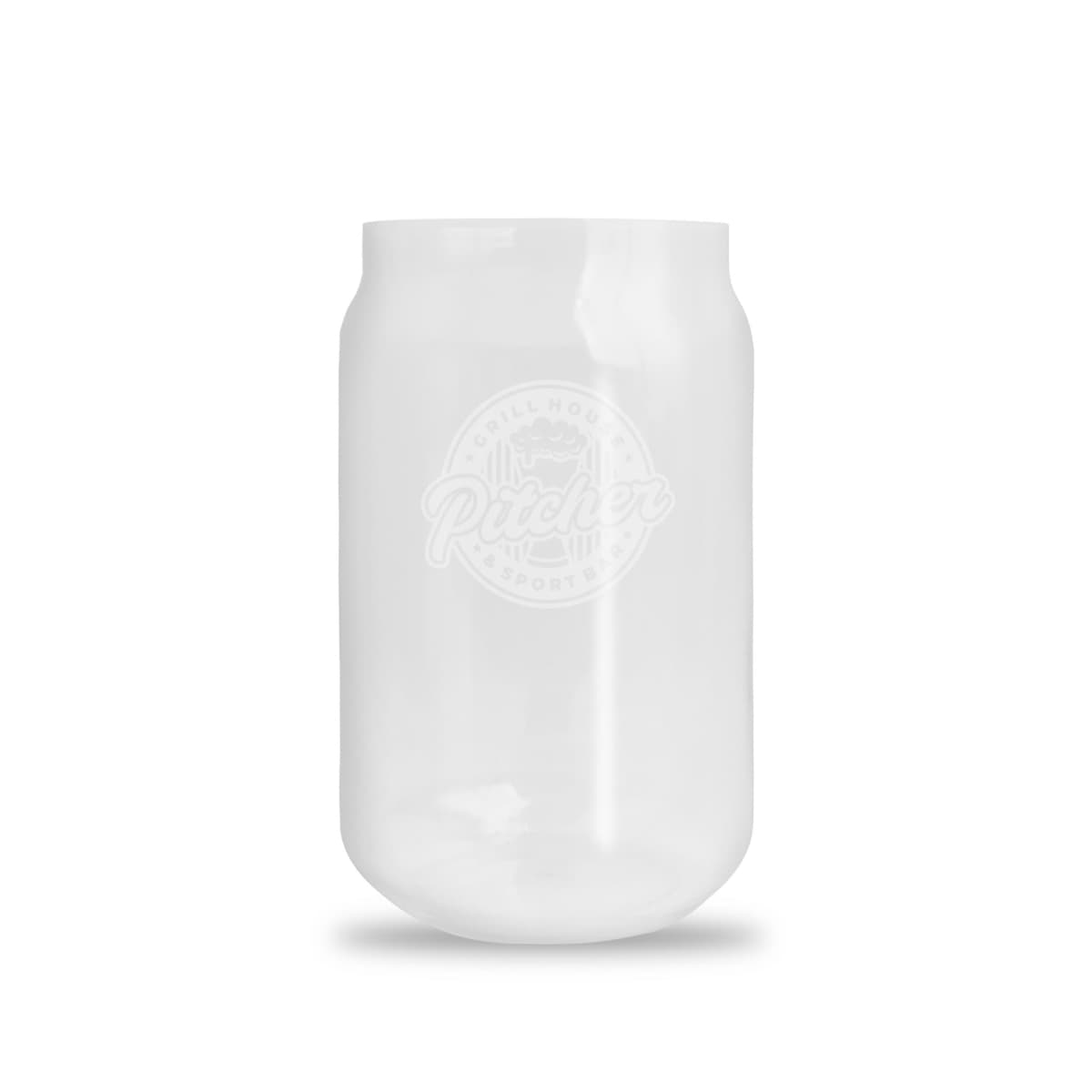 Clear, empty glass shaped like a soda can with a faint logo printed on the front.
