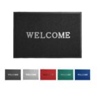 Five welcome mats in different colors: black, grey, red, green, and blue.