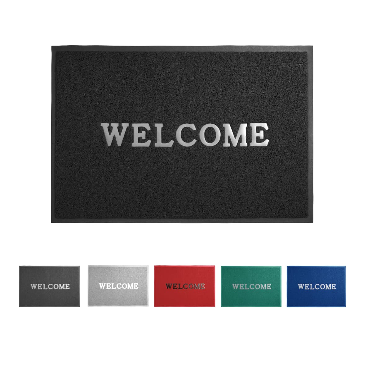 Five welcome mats in different colors: black, grey, red, green, and blue.