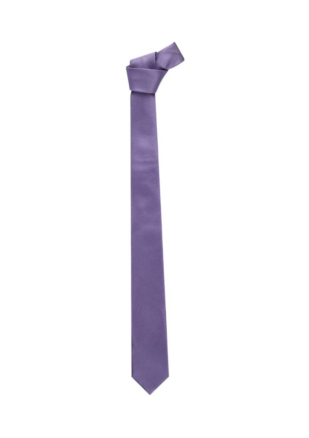 A purple necktie with a knot at the top on a white background.