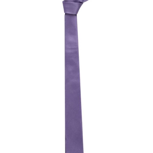 A purple necktie with a knot at the top on a white background.