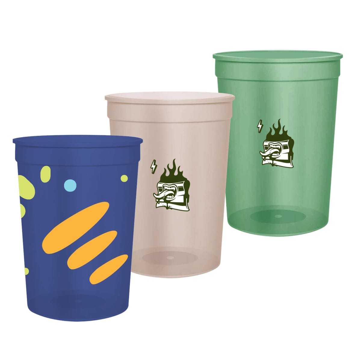 Three colorful plastic cups with graphic designs.