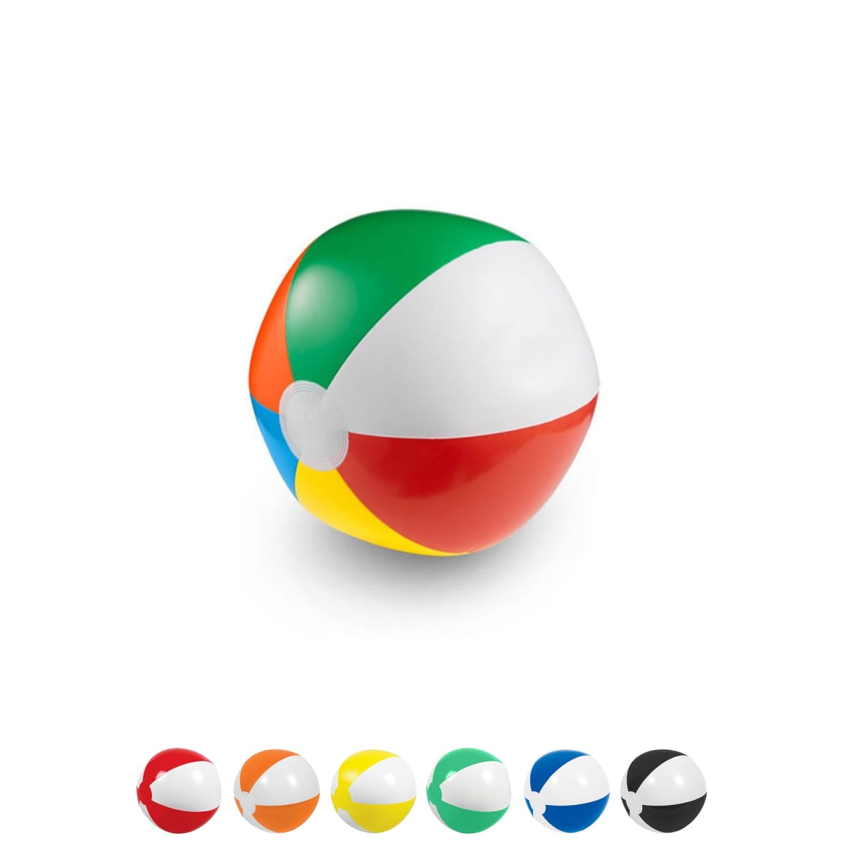 Colorful beach ball with sections in white, green, red, blue, yellow, and orange.