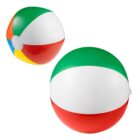 Two colorful beach balls with red, white, green, yellow, and blue sections.